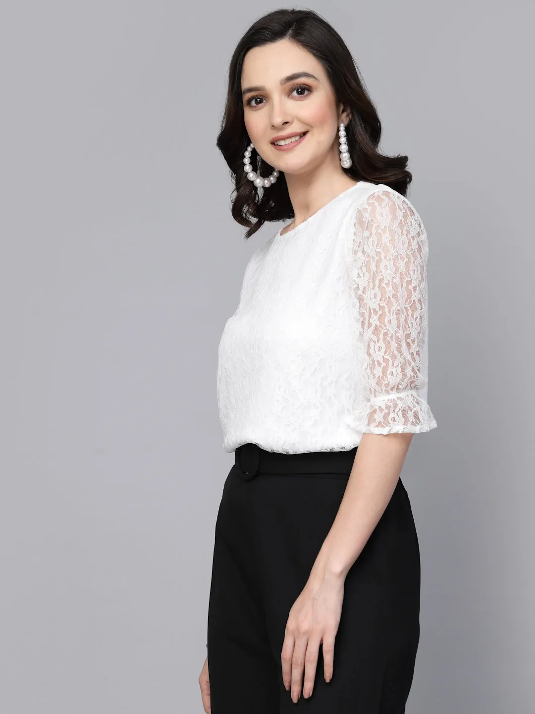 Style Quotient Women White Self Design Cotton Lace Regular Smart Casual Top