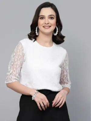 Style Quotient Women White Self Design Cotton Lace Regular Smart Casual Top
