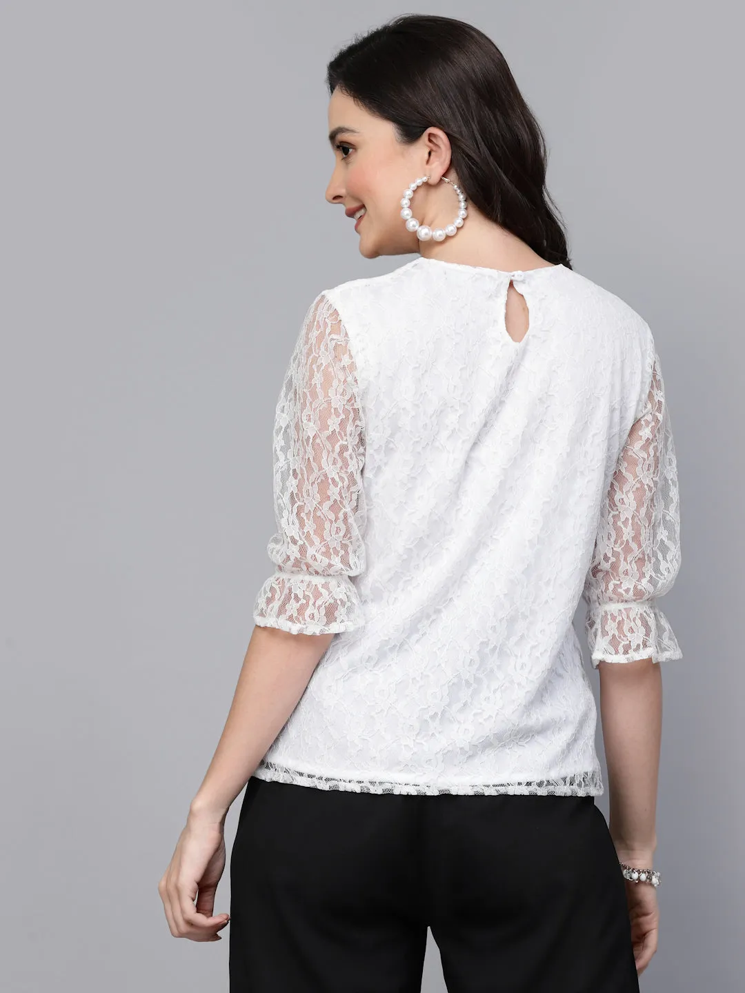 Style Quotient Women White Self Design Cotton Lace Regular Smart Casual Top