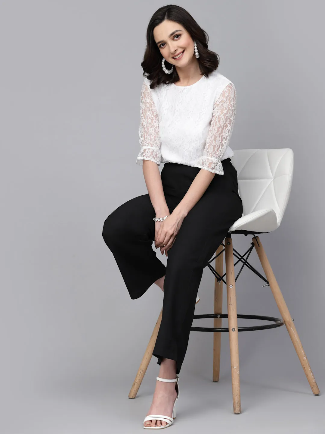Style Quotient Women White Self Design Cotton Lace Regular Smart Casual Top