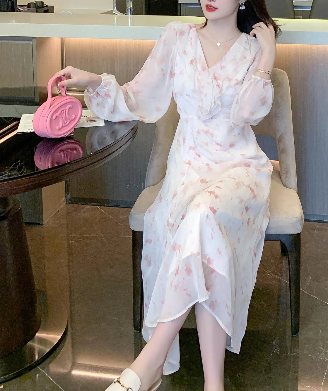 Stylish Mesh Chiffon Dress with Asymmetrical Hem for Women