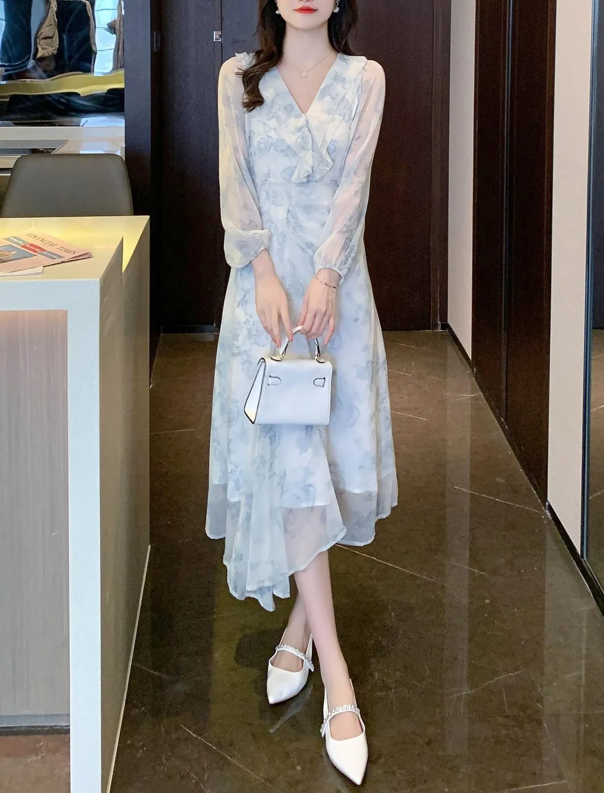 Stylish Mesh Chiffon Dress with Asymmetrical Hem for Women