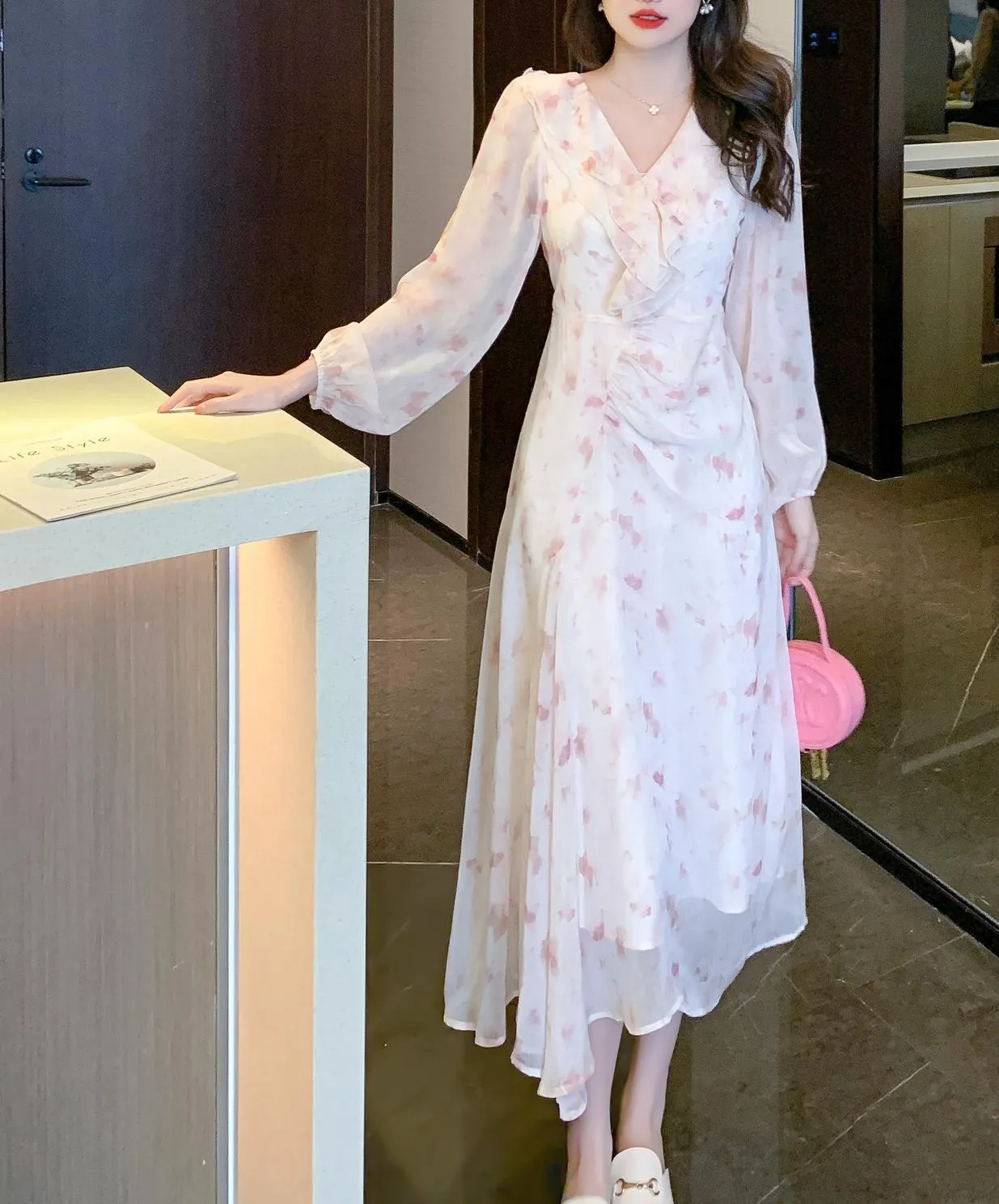 Stylish Mesh Chiffon Dress with Asymmetrical Hem for Women