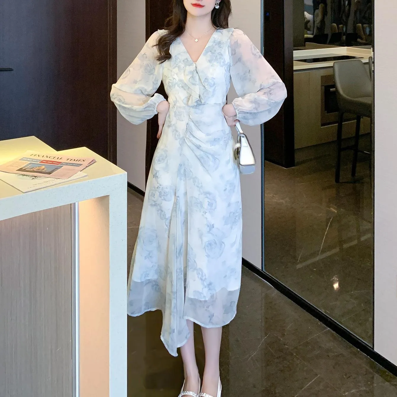 Stylish Mesh Chiffon Dress with Asymmetrical Hem for Women