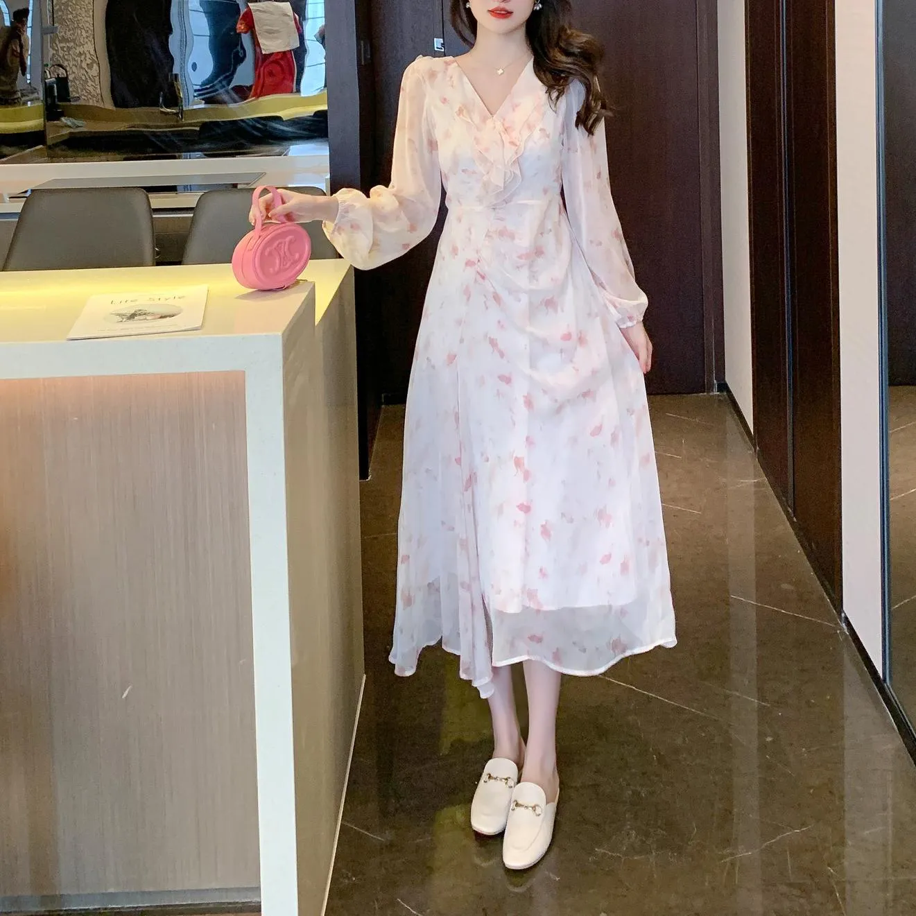 Stylish Mesh Chiffon Dress with Asymmetrical Hem for Women