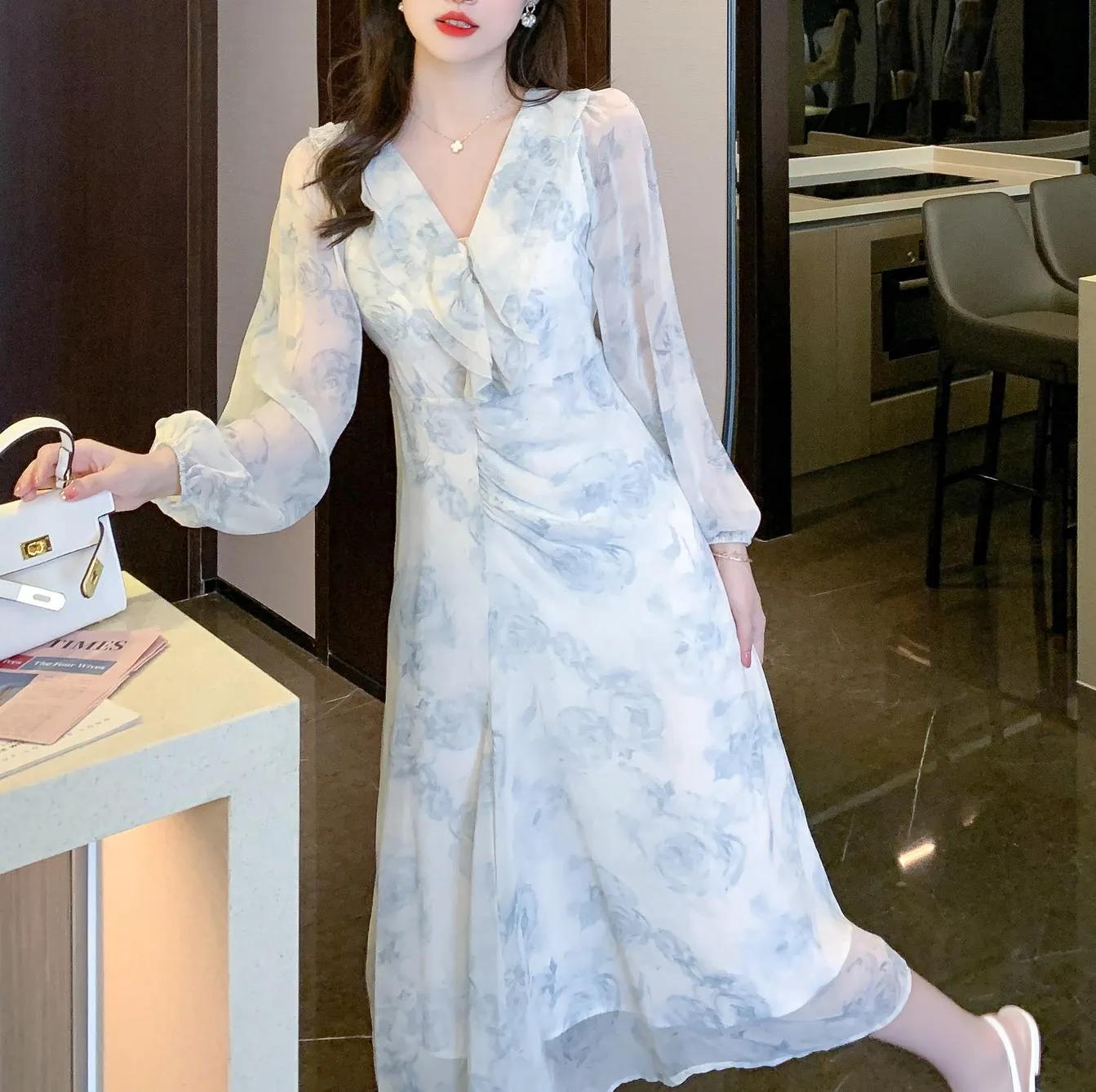 Stylish Mesh Chiffon Dress with Asymmetrical Hem for Women