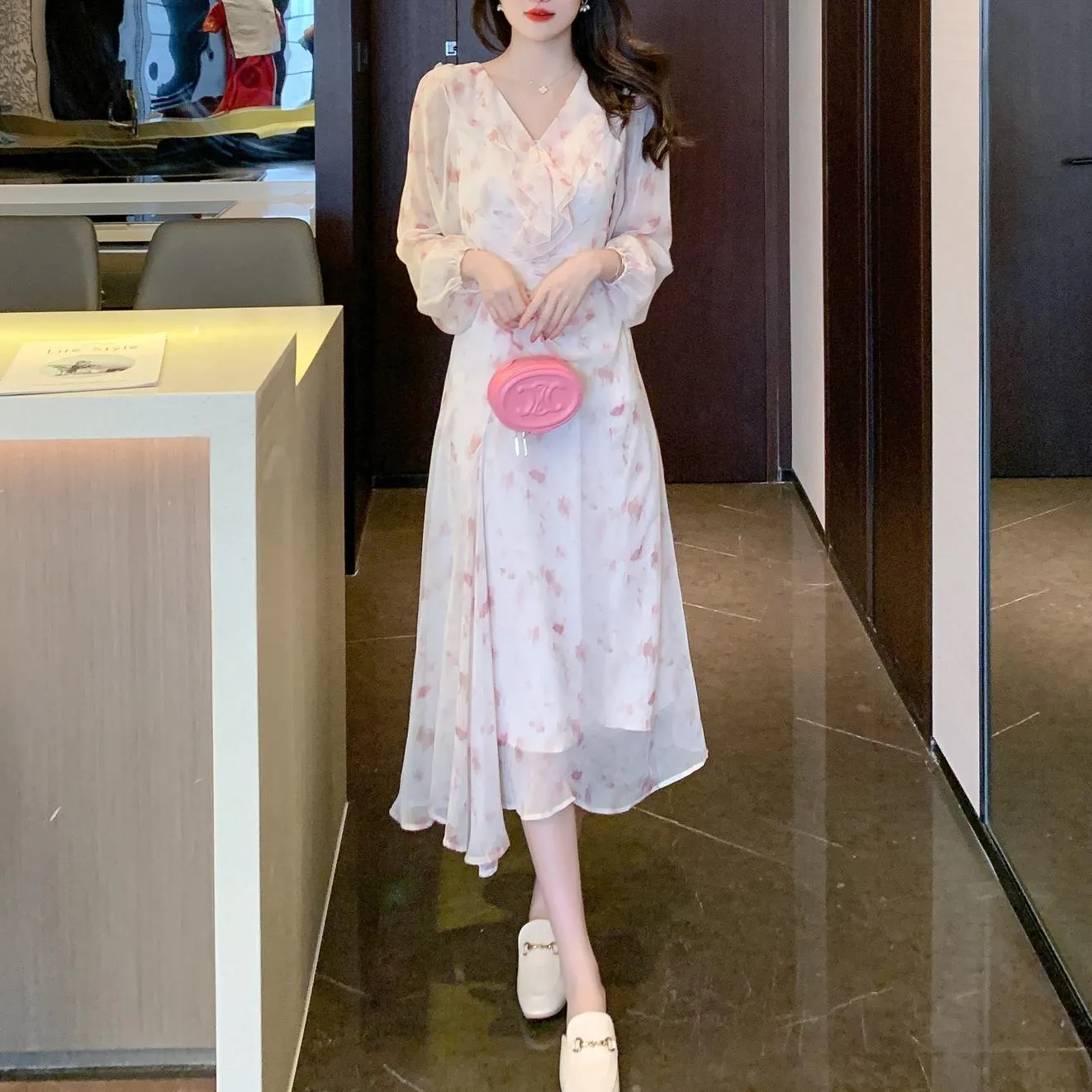 Stylish Mesh Chiffon Dress with Asymmetrical Hem for Women