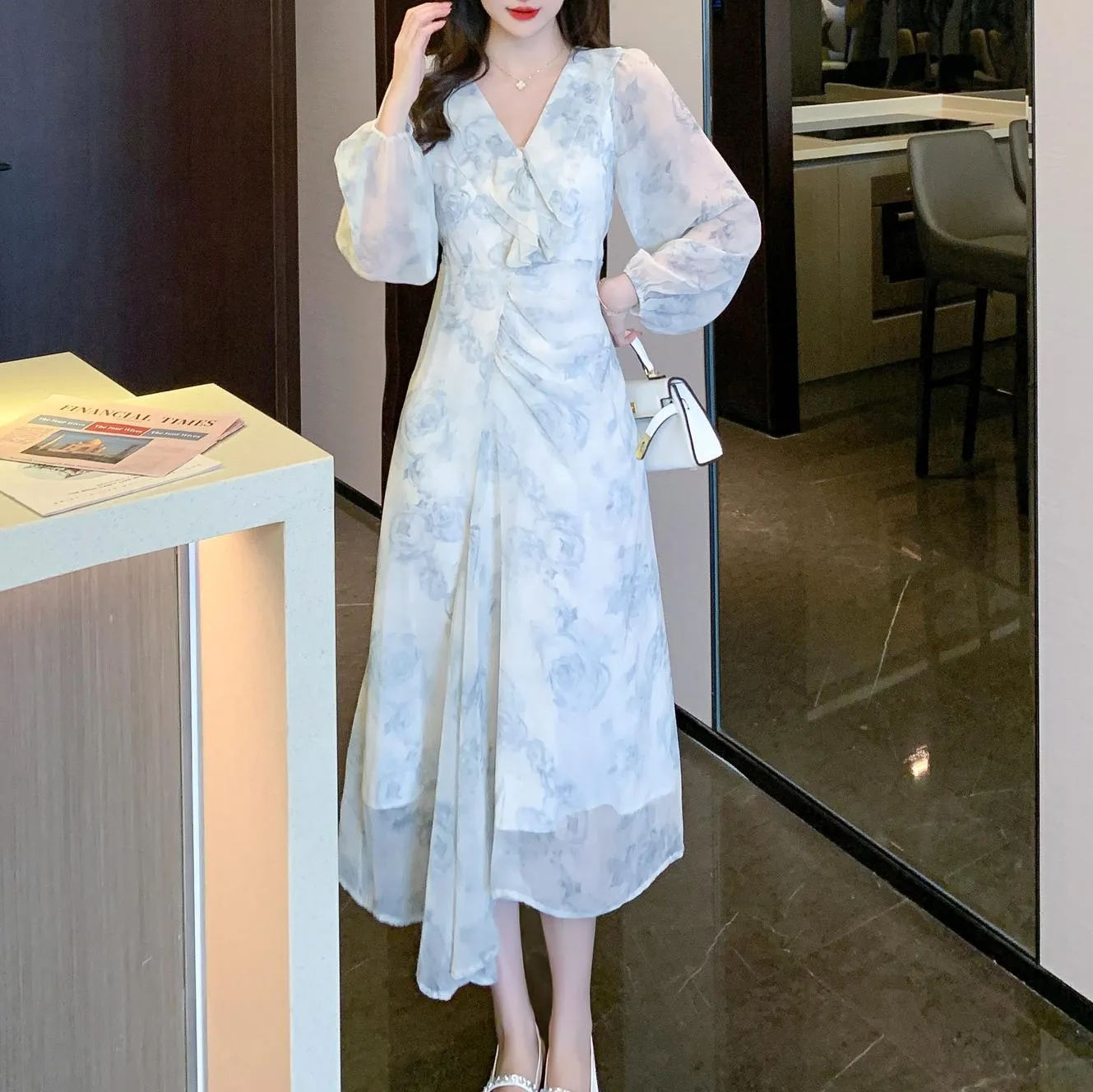 Stylish Mesh Chiffon Dress with Asymmetrical Hem for Women