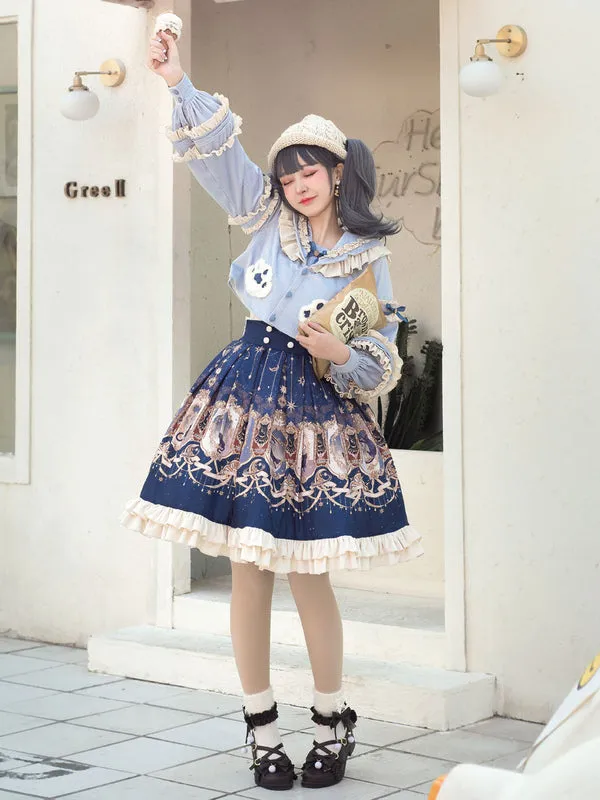 Sweet Lolita Outfits Baby Blue Animal Print Ruffles Bows Long Sleeves Top Bowknot Overskirt Set