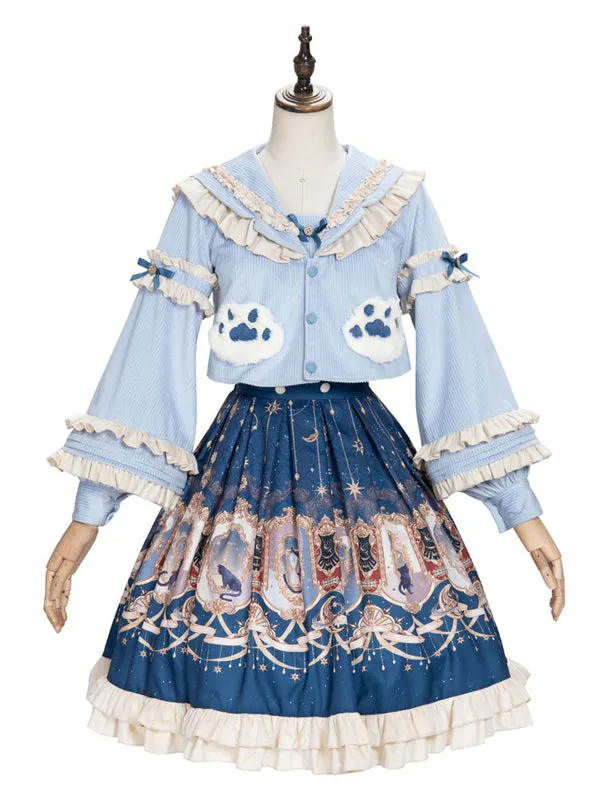 Sweet Lolita Outfits Baby Blue Animal Print Ruffles Bows Long Sleeves Top Bowknot Overskirt Set