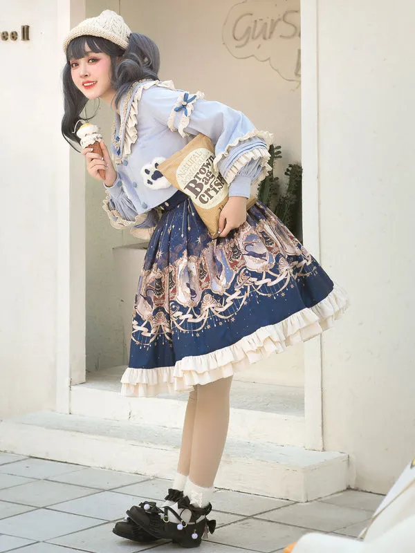 Sweet Lolita Outfits Baby Blue Animal Print Ruffles Bows Long Sleeves Top Bowknot Overskirt Set
