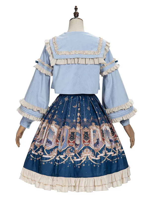 Sweet Lolita Outfits Baby Blue Animal Print Ruffles Bows Long Sleeves Top Bowknot Overskirt Set