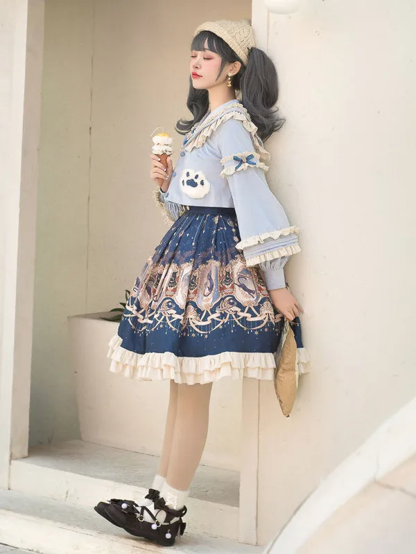 Sweet Lolita Outfits Baby Blue Animal Print Ruffles Bows Long Sleeves Top Bowknot Overskirt Set