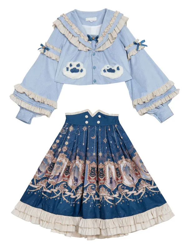 Sweet Lolita Outfits Baby Blue Animal Print Ruffles Bows Long Sleeves Top Bowknot Overskirt Set