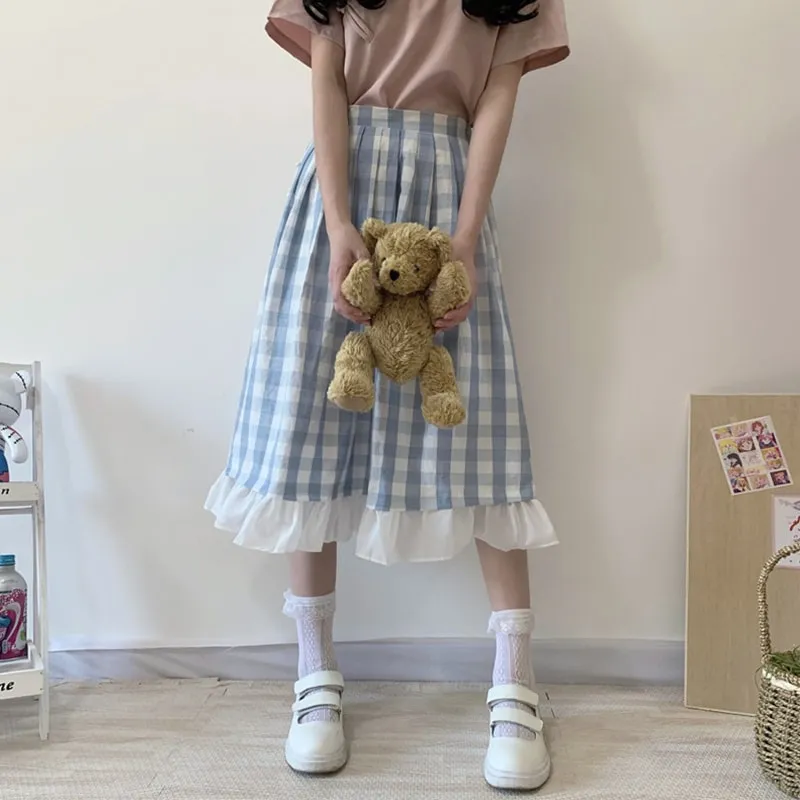 Sweet Teen Girl Plaid Vintage Long Skirt