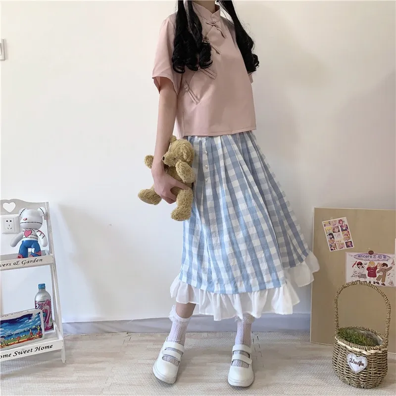 Sweet Teen Girl Plaid Vintage Long Skirt