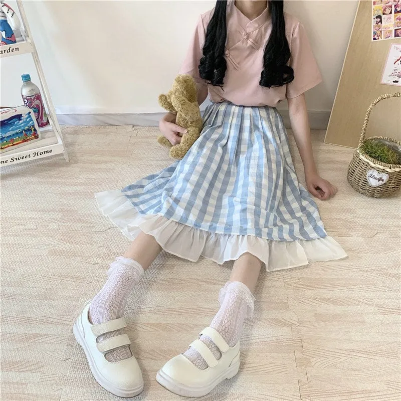 Sweet Teen Girl Plaid Vintage Long Skirt