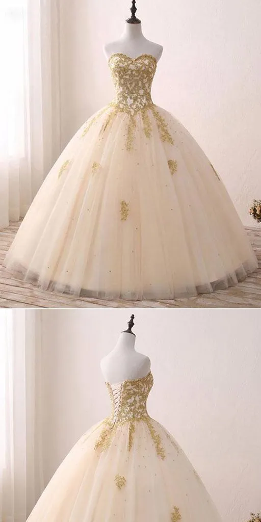 Sweetheart A-line Beaded Gold Lace Prom Dress ,Cheap Prom Dresses,PDY0412