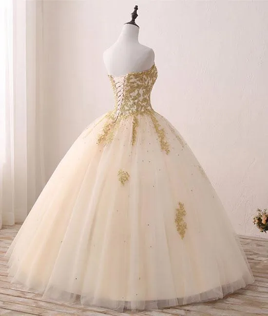 Sweetheart A-line Beaded Gold Lace Prom Dress ,Cheap Prom Dresses,PDY0412