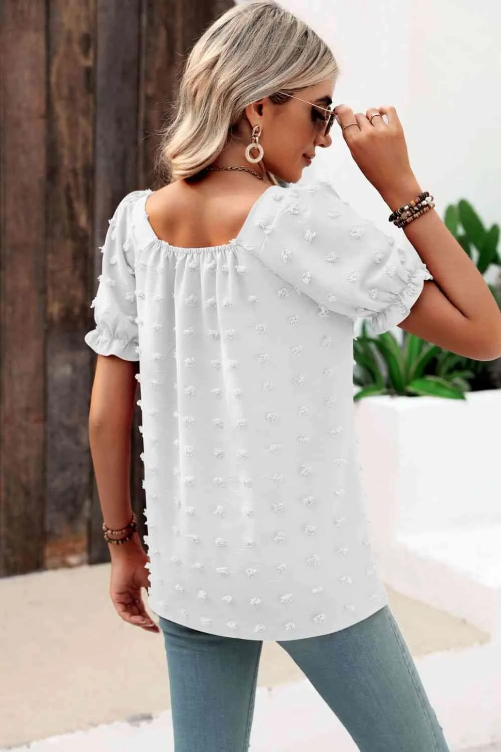 Swiss Dot Puff Sleeve Square Neck Blouse (6 Colors)