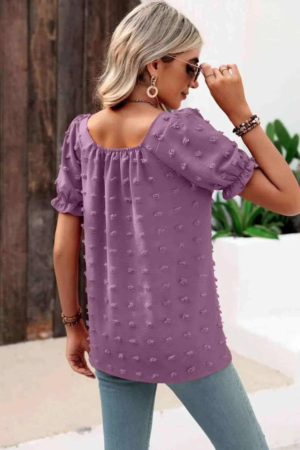 Swiss Dot Puff Sleeve Square Neck Blouse (6 Colors)