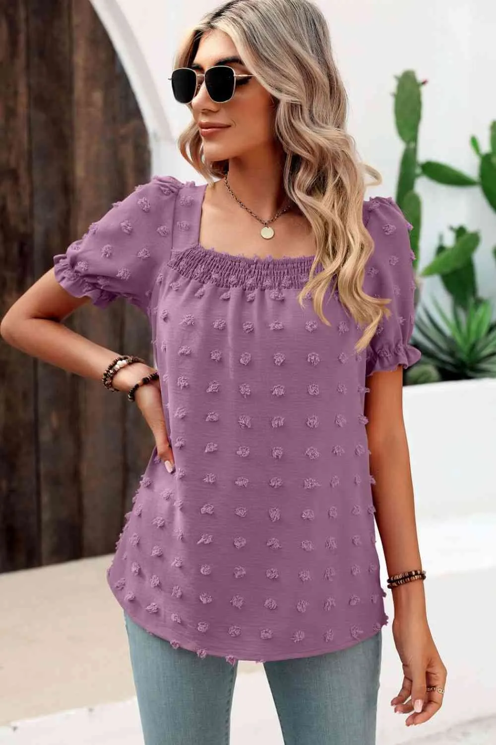 Swiss Dot Puff Sleeve Square Neck Blouse (6 Colors)