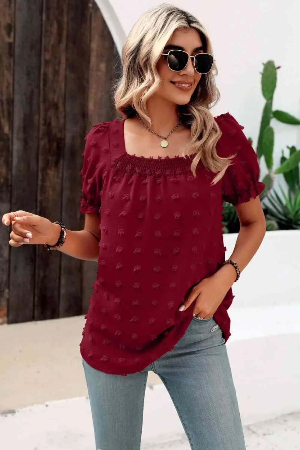 Swiss Dot Puff Sleeve Square Neck Blouse (6 Colors)