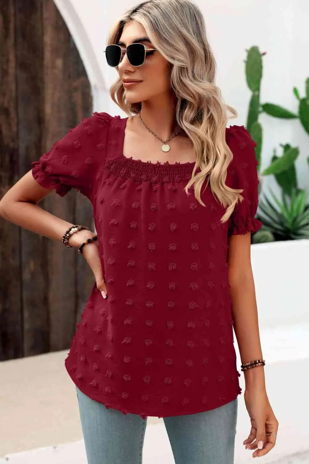 Swiss Dot Puff Sleeve Square Neck Blouse (6 Colors)
