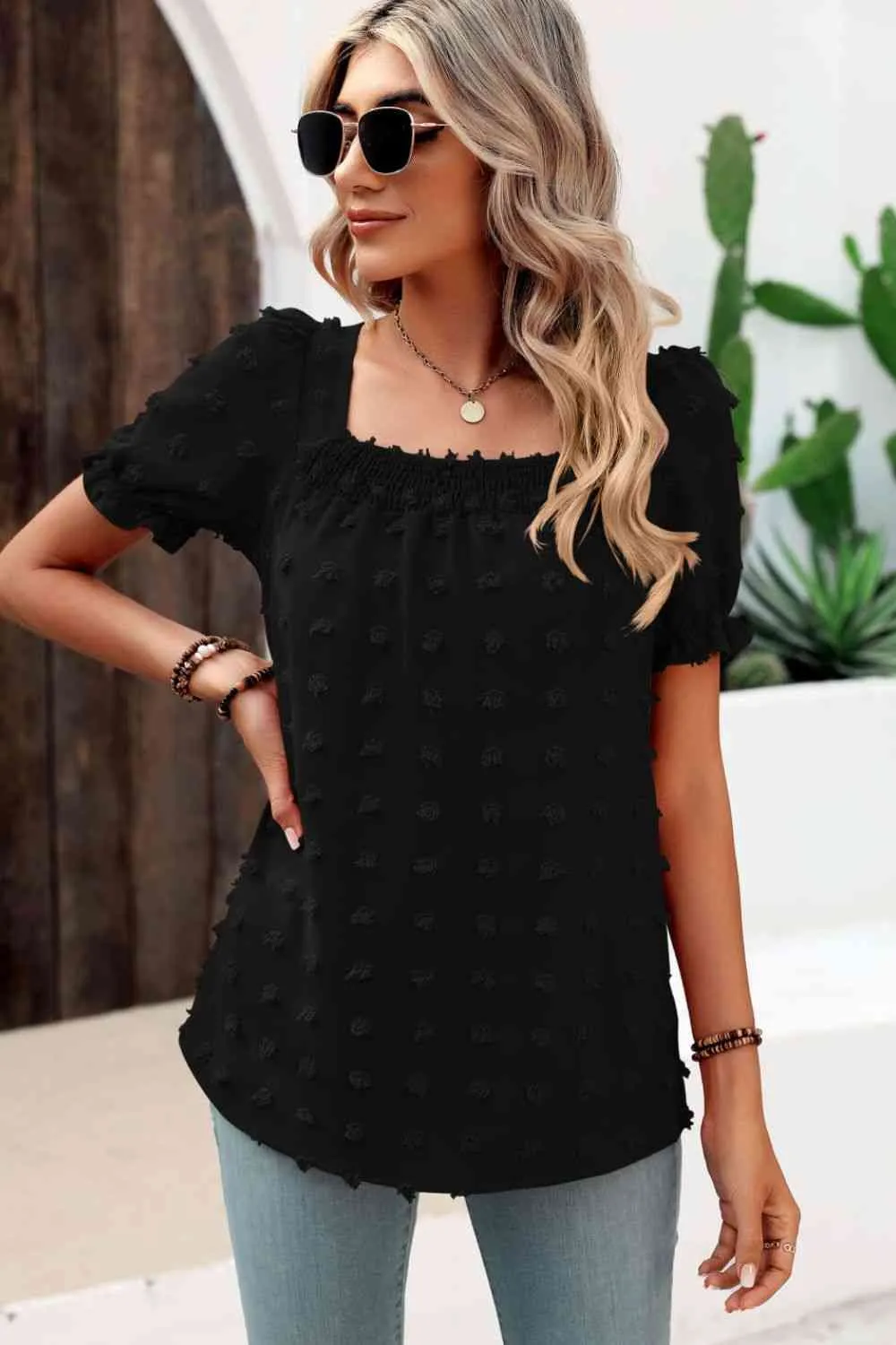 Swiss Dot Puff Sleeve Square Neck Blouse (6 Colors)