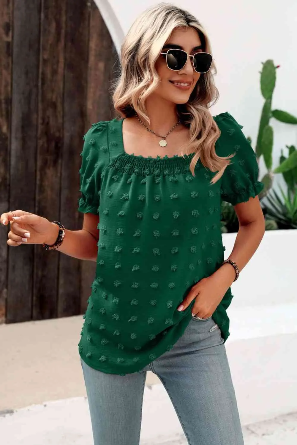 Swiss Dot Puff Sleeve Square Neck Blouse (6 Colors)