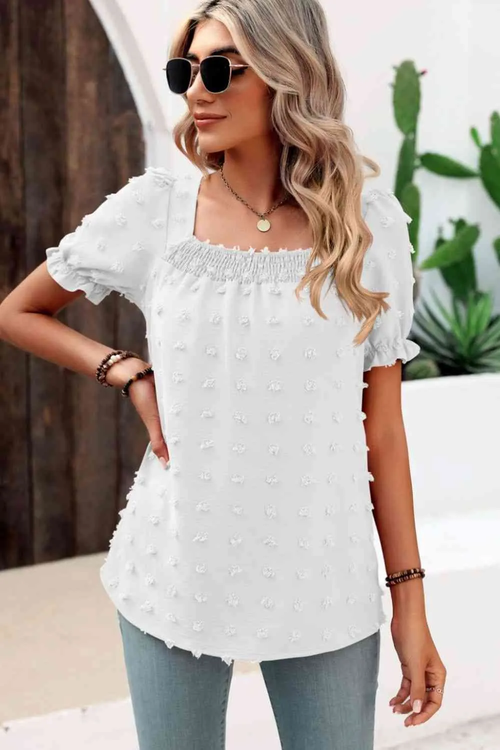 Swiss Dot Puff Sleeve Square Neck Blouse (6 Colors)