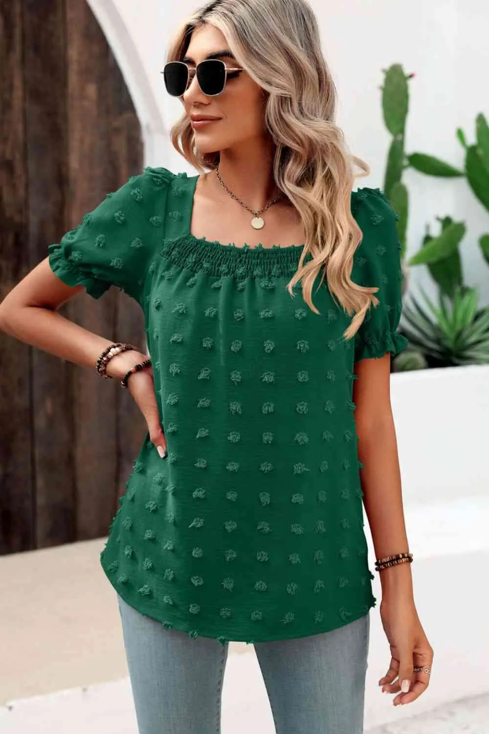 Swiss Dot Puff Sleeve Square Neck Blouse (6 Colors)