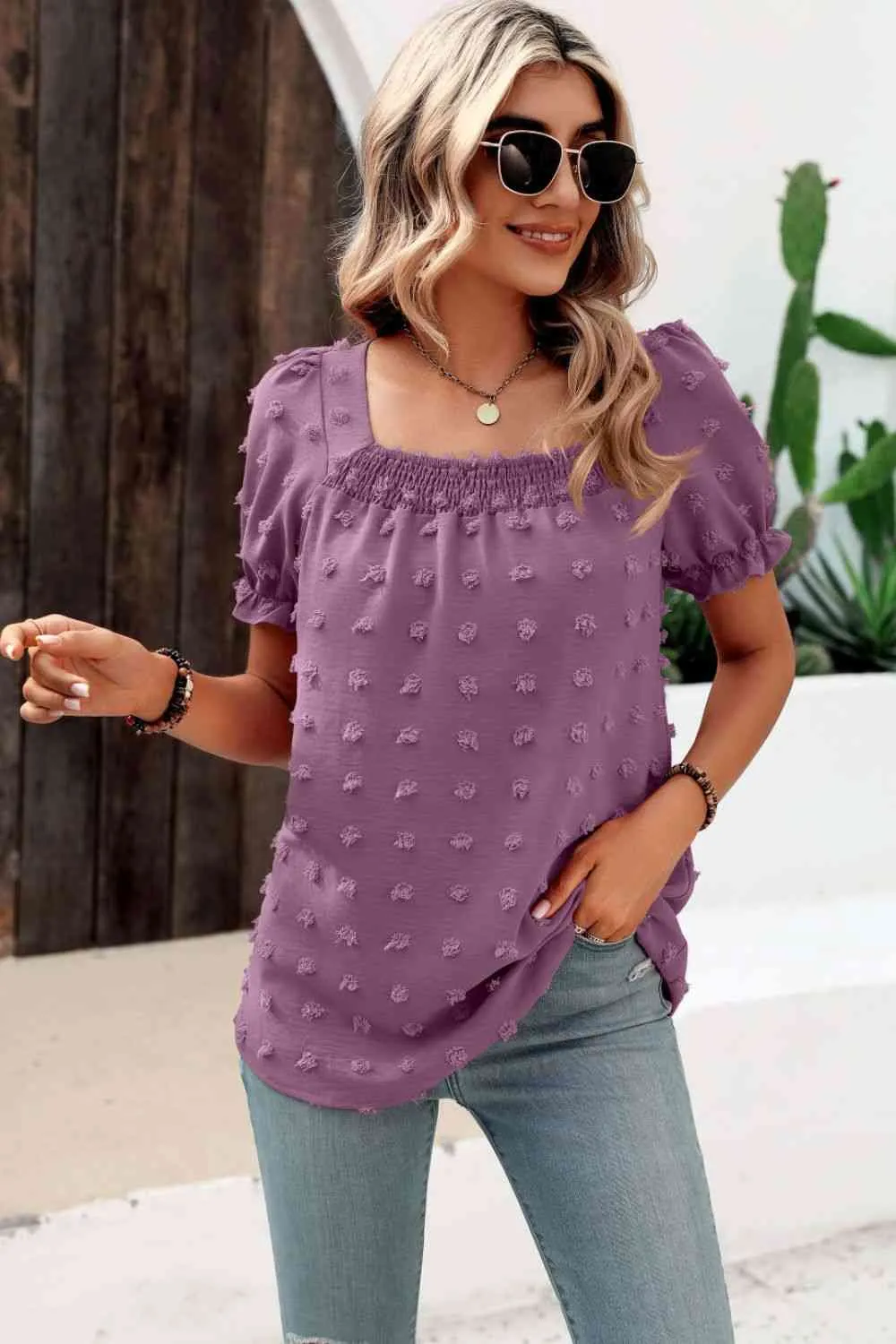 Swiss Dot Puff Sleeve Square Neck Blouse (6 Colors)