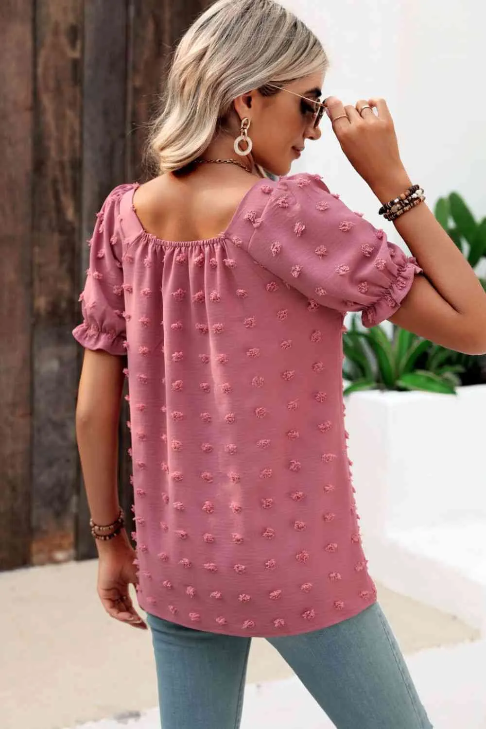 Swiss Dot Puff Sleeve Square Neck Blouse (6 Colors)