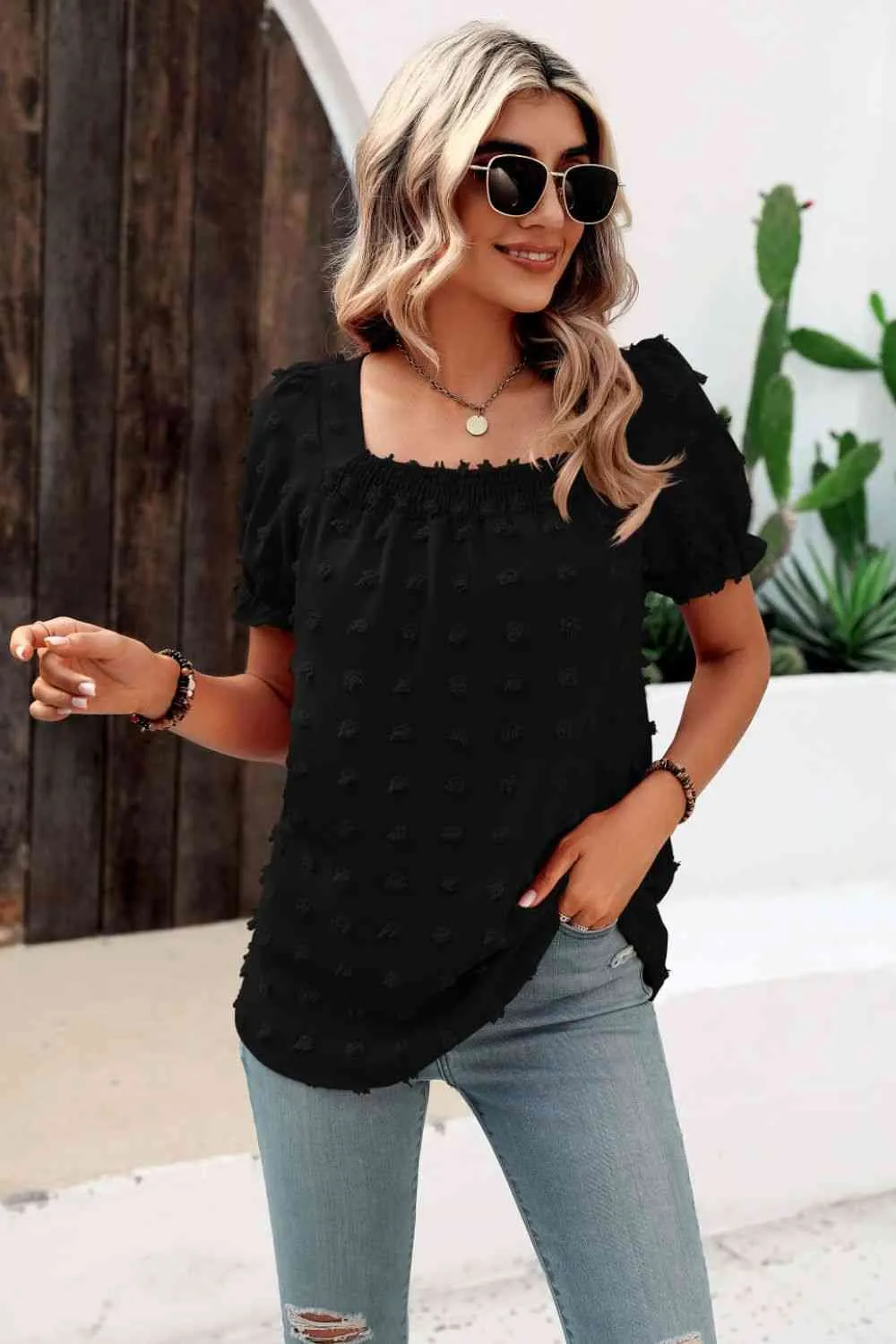 Swiss Dot Puff Sleeve Square Neck Blouse (6 Colors)
