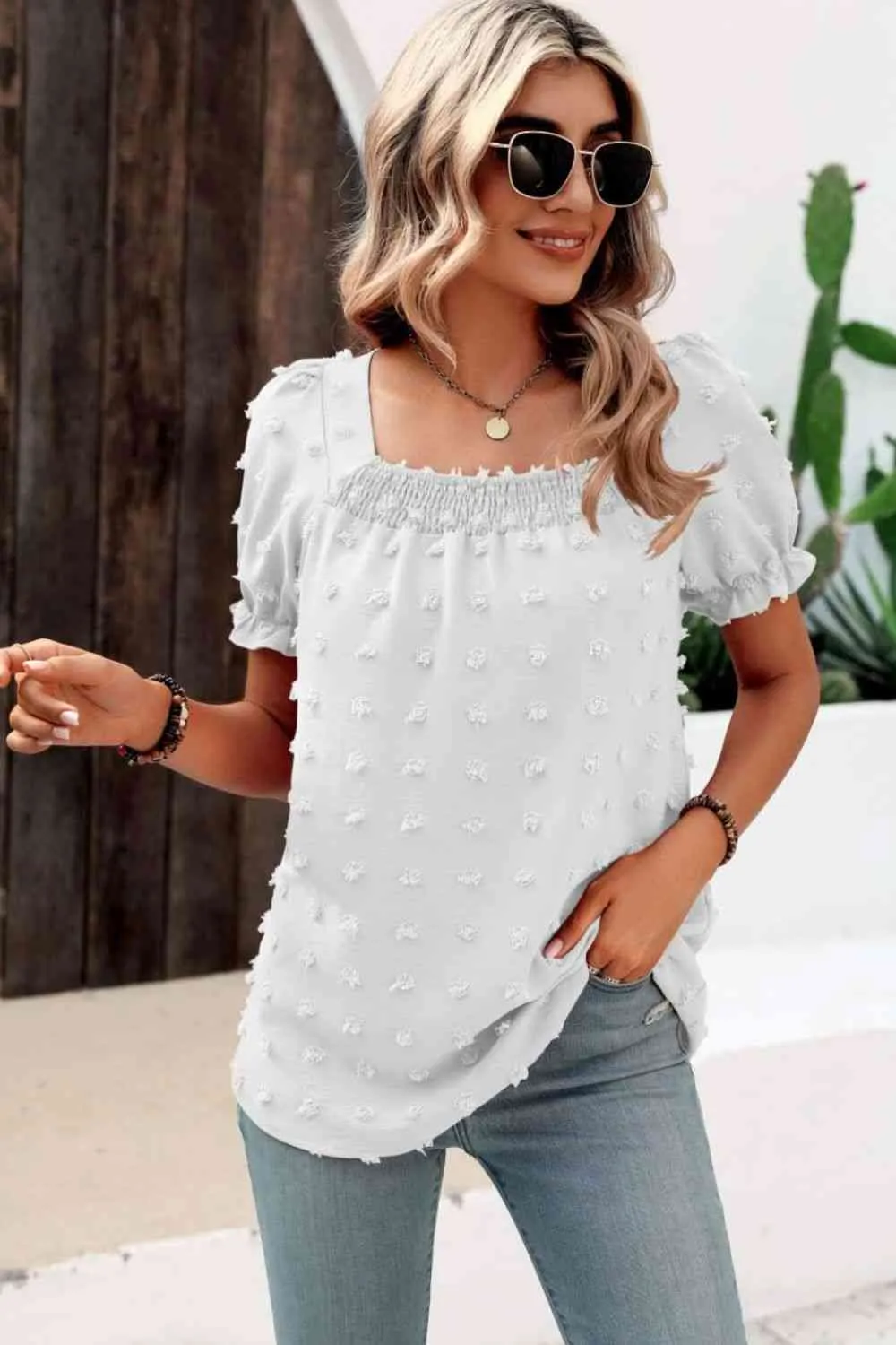 Swiss Dot Puff Sleeve Square Neck Blouse (6 Colors)