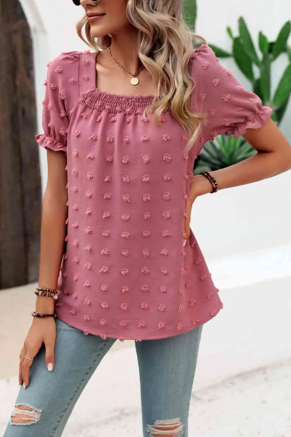 Swiss Dot Puff Sleeve Square Neck Blouse (6 Colors)