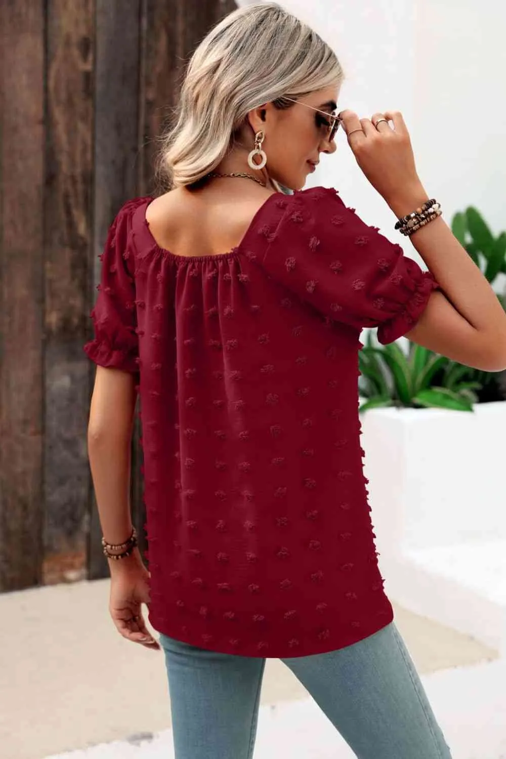 Swiss Dot Puff Sleeve Square Neck Blouse (6 Colors)