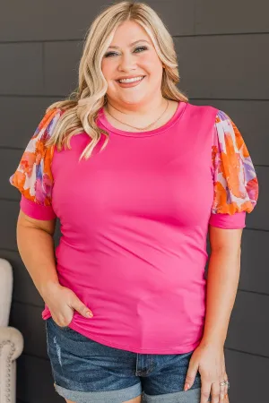 Take More Chances Puff Sleeve Top- Hot Pink