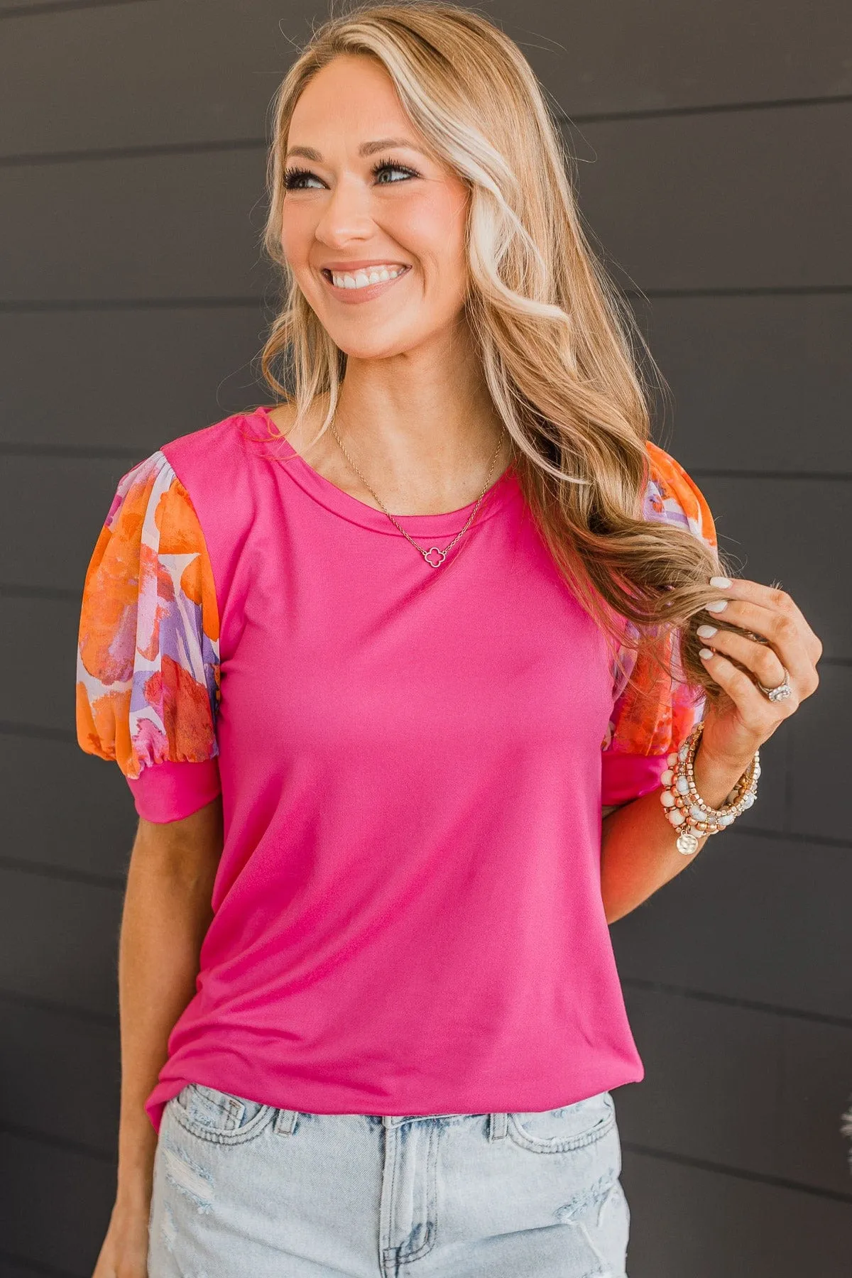 Take More Chances Puff Sleeve Top- Hot Pink
