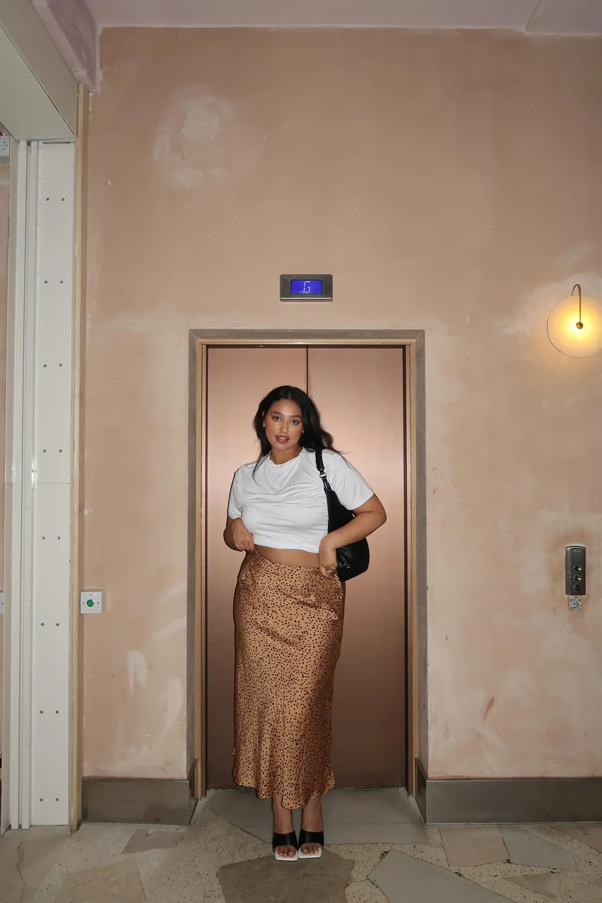 Tan-Black Spot Bias-Cut Midi Skirt