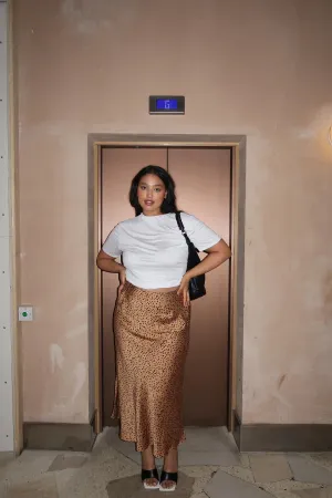Tan-Black Spot Bias-Cut Midi Skirt