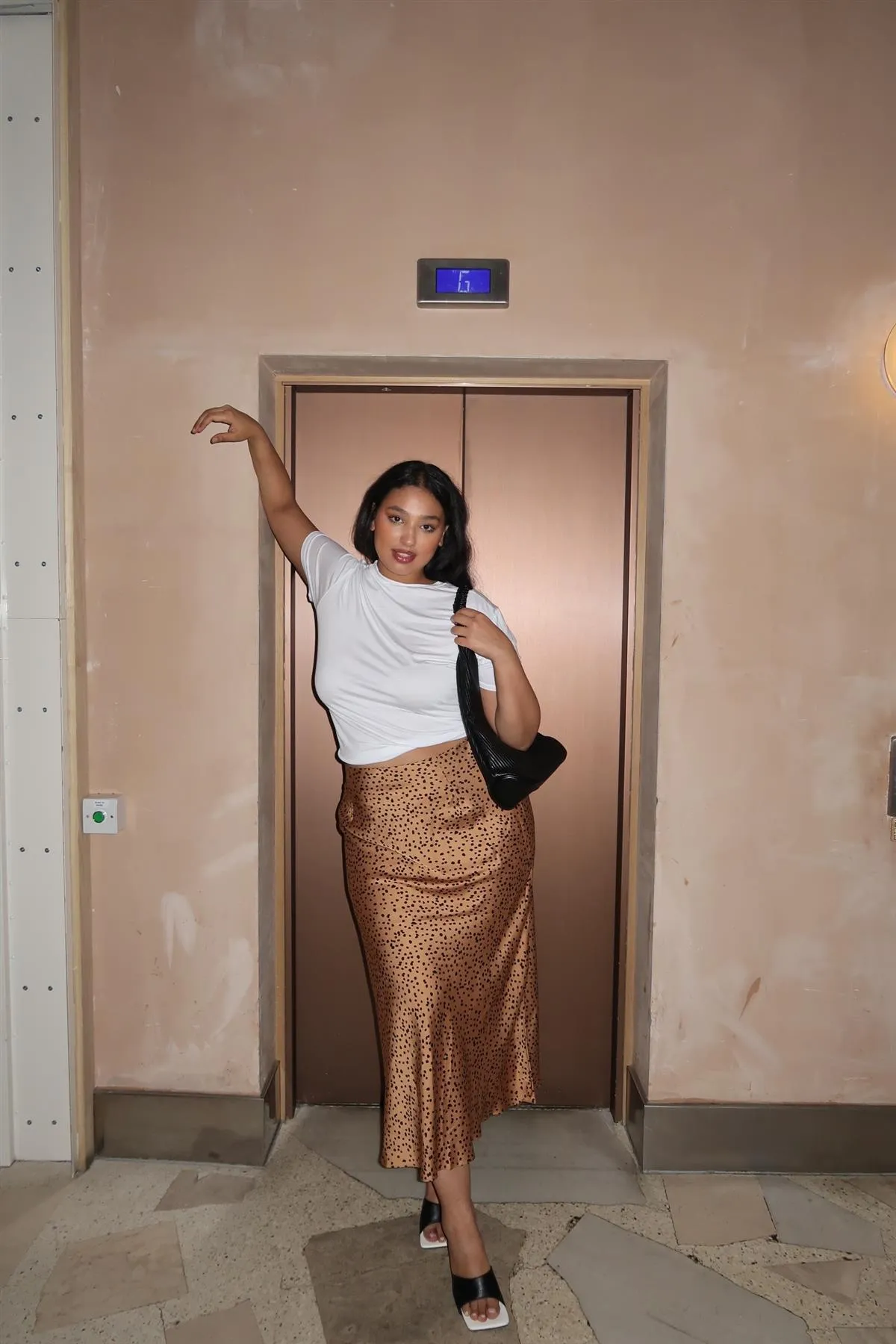 Tan-Black Spot Bias-Cut Midi Skirt