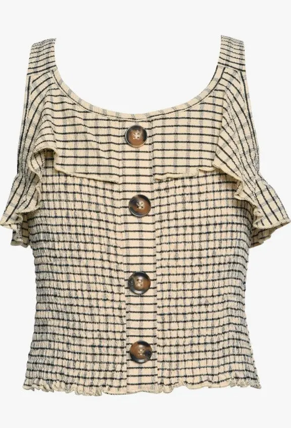 Taupe Plaid Top with Faux Button Placket