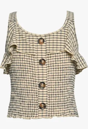 Taupe Plaid Top with Faux Button Placket