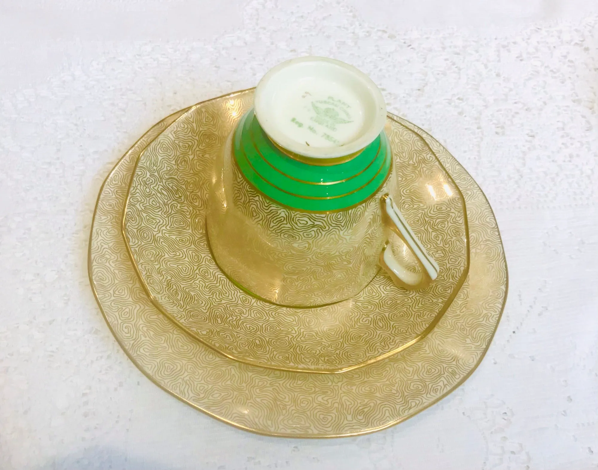 Teacup & Saucer Trio Set Tuscan China Art Deco Green & Gold
