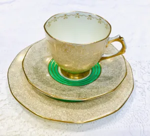 Teacup & Saucer Trio Set Tuscan China Art Deco Green & Gold