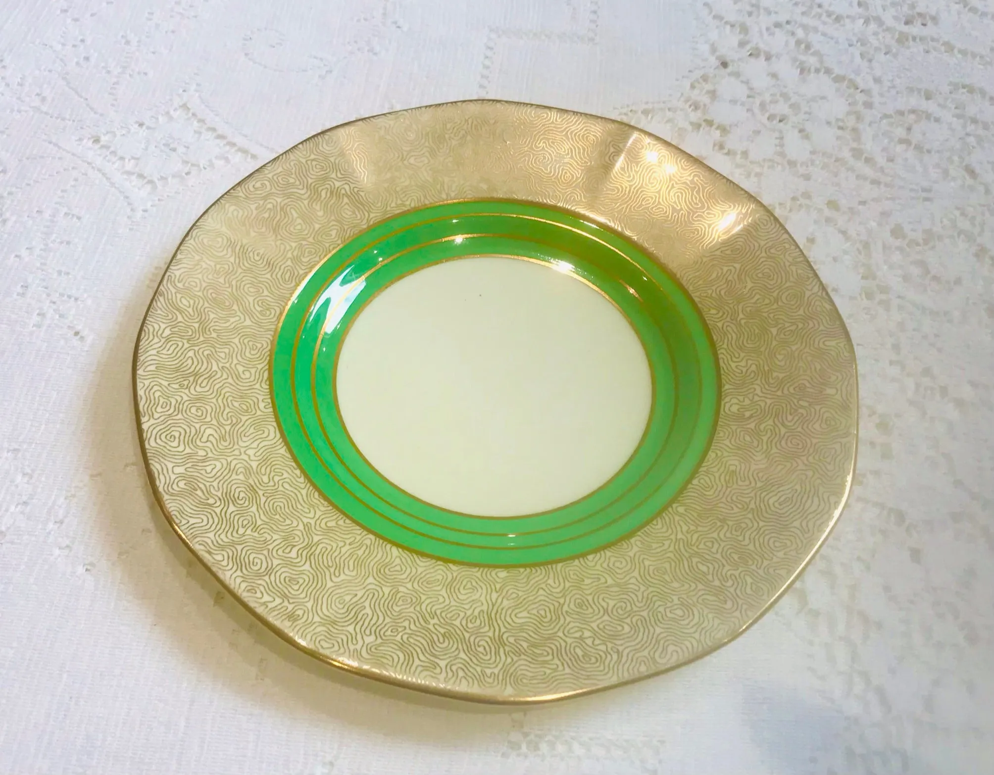 Teacup & Saucer Trio Set Tuscan China Art Deco Green & Gold