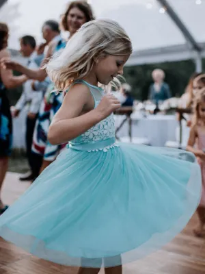 Tiffany Blue Tulle White Lace Short Flower Girl Dresses, FGS111