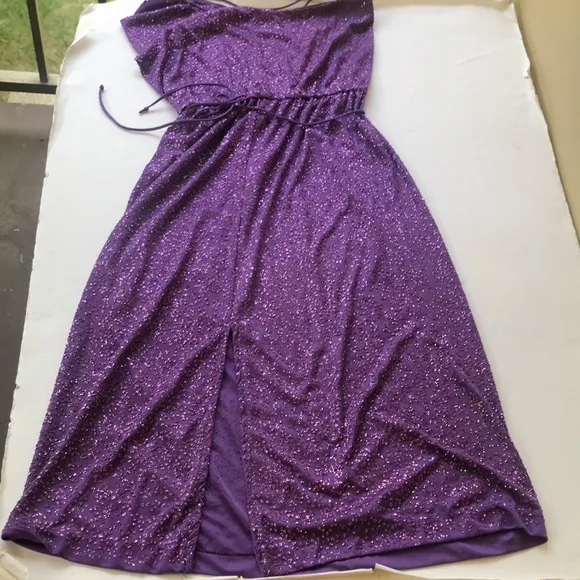 True Vintage 1970‘s Disco Sparkle Dress Midi Purple Glitter Cowneck Y2k Party Sm